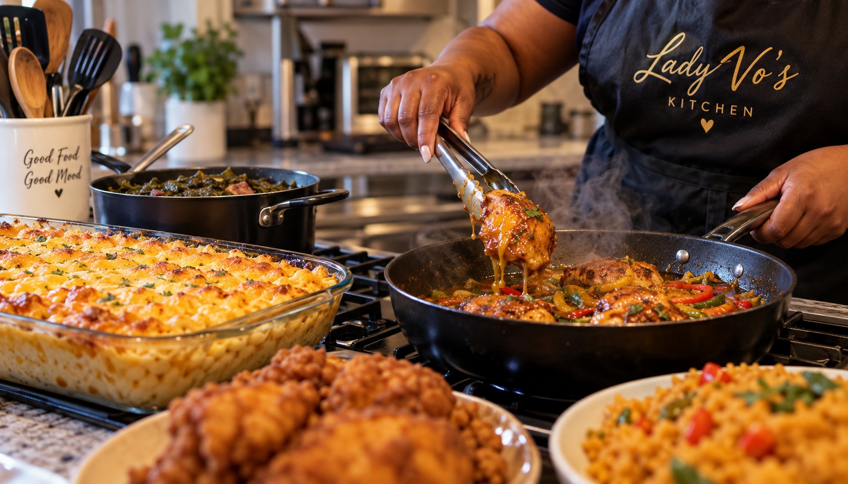 Home cook preparing a Southern-style meal in a warm kitchen
