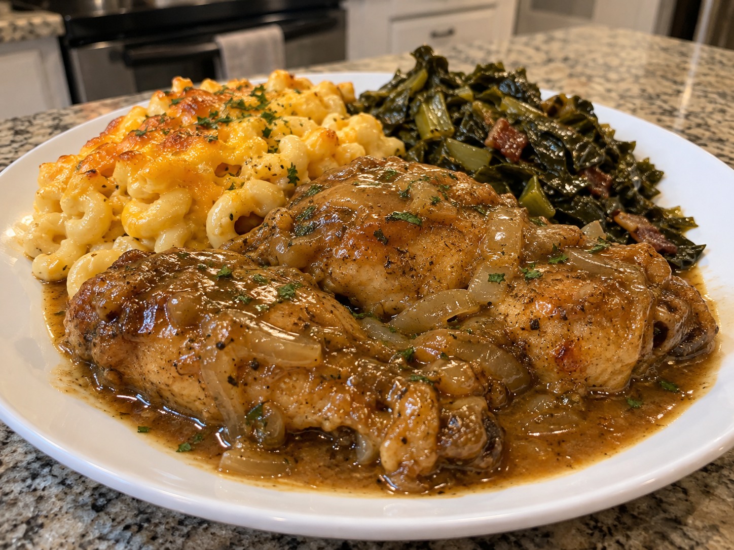 Chicken, macaroni and cheese, and vegetables